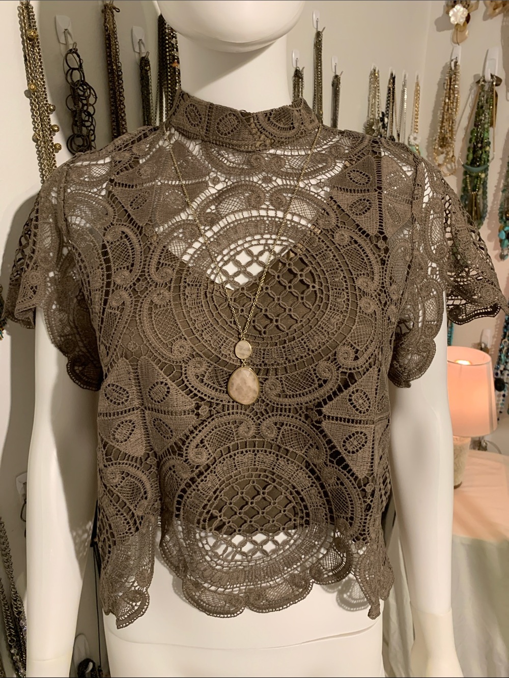 Crochet Lace Short-Sleeve Blouse in Taupe with necklace
